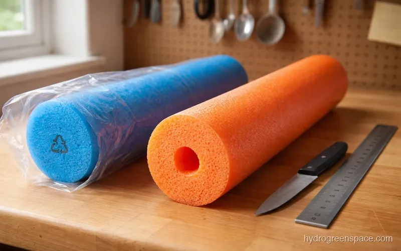 Pool noodles showing PE foam labels and resin identification codes on packaging compared to unlabeled discount store noodles