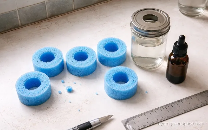 Pool noodle rings cut to size laid out next to a mason jar with a hole-cut lid and a bottle of hydroponic nutrients