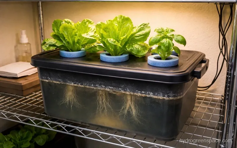 Lettuce and basil growing in foam ring net pots inside a completed Kratky reservoir on a wire metro shelf under LED grow lights