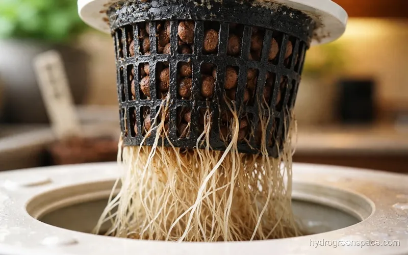 Close-up of clay pebbles in a net pot with white roots visible threading through them
