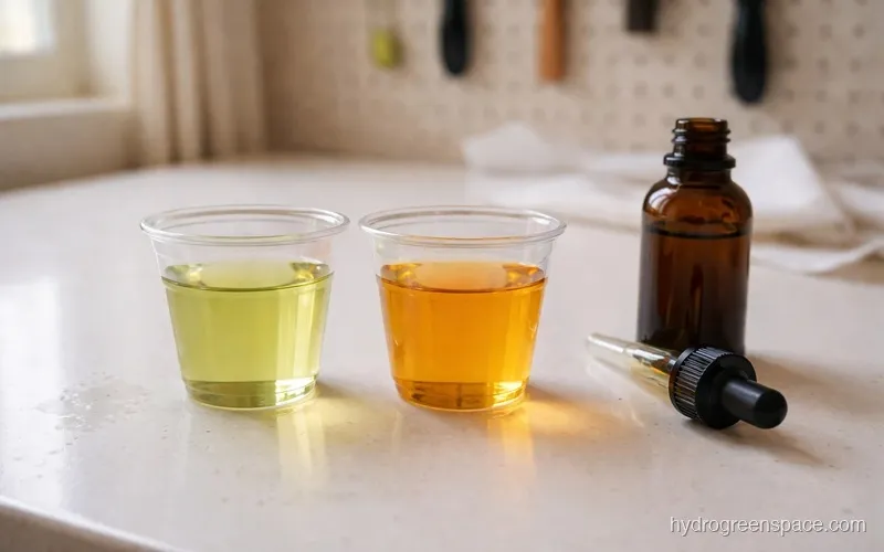 Two clear cups of water side by side showing pH test drops, one at correct pH and one elevated