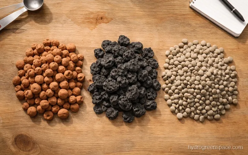 Side-by-side comparison of clay pebbles, lava rocks, and pea gravel on a surface showing size and texture differences
