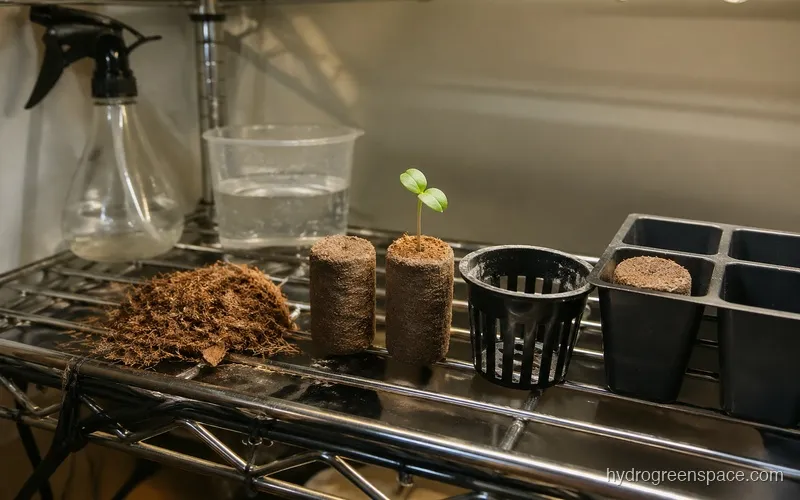 Coco coir loose and in plugs next to a net pot and seedling tray