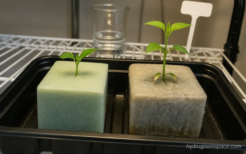 Side by side of an oasis foam plug and a rockwool cube in a seedling tray with sprouts