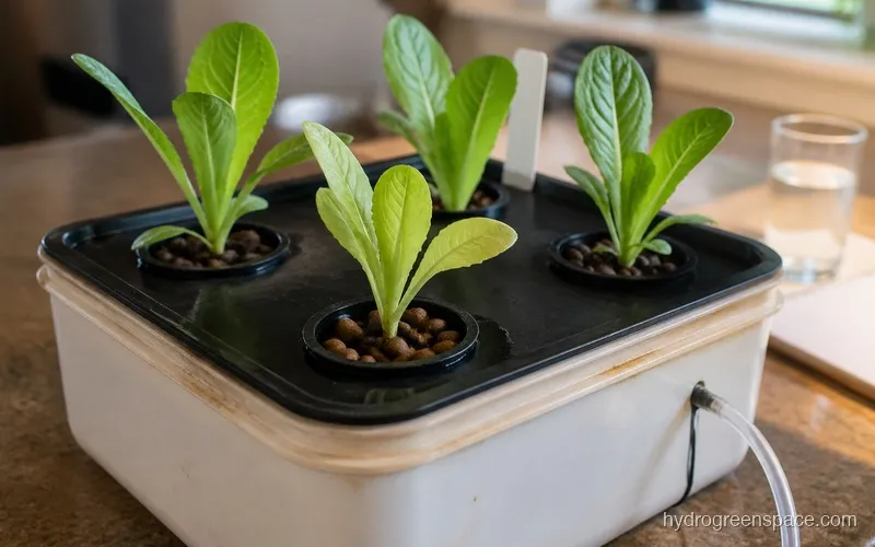 DWC reservoir with romaine seedlings in net pots, roots visible below the lid