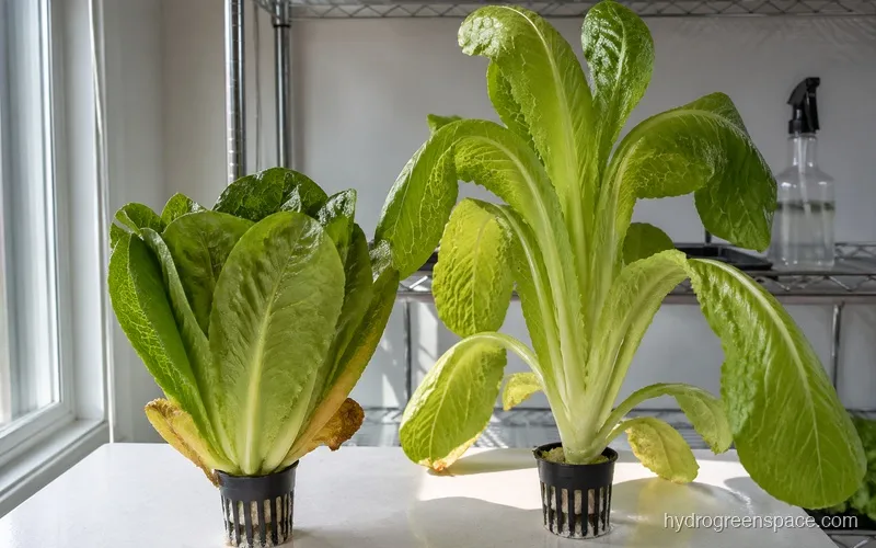 Two romaine heads side by side, one well-formed and compact, one elongated from insufficient light