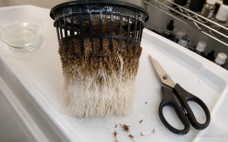 Hands trimming brown dead roots from a net pot with scissors, healthy white roots visible below