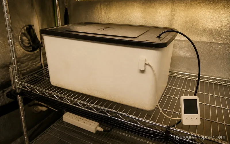 Hydroponic reservoir with lid secured, air tubing connected to air stone visible inside, temperature probe clipped to side