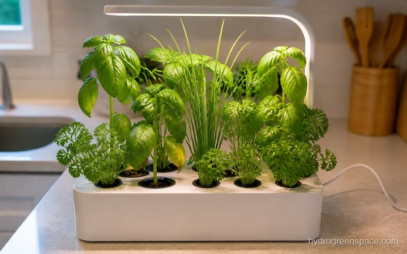 Sarina 12-pod hydroponic smart garden unit on a kitchen counter with herbs growing in the pods