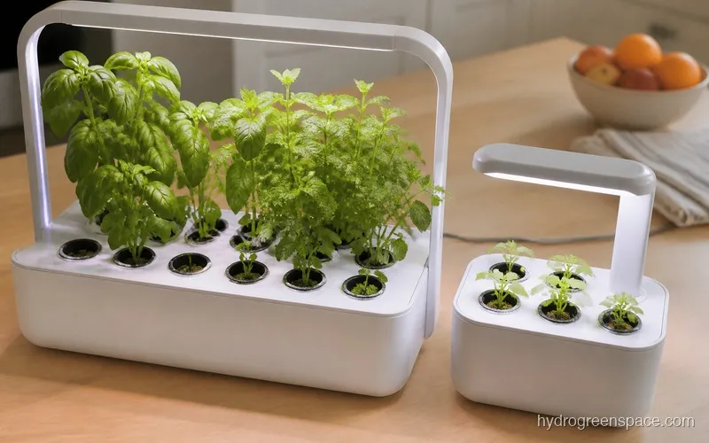 Side-by-side comparison of Sarina 12-pod unit and AeroGarden Sprout showing size difference