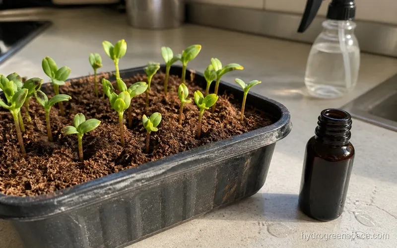 Coco coir seedling tray with young sprouts next to a bottle of CalMag solution