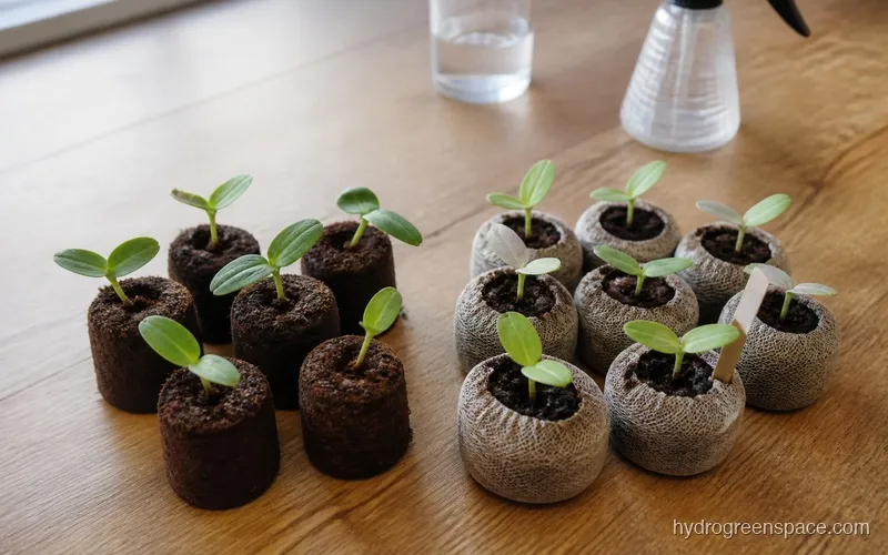 Side-by-side comparison of coco coir seedling plugs and peat pellets at the same growth stage