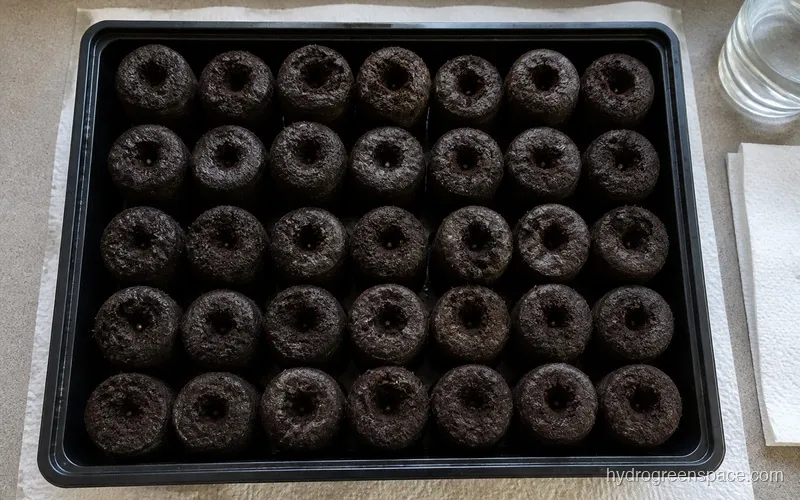 A tray of fully expanded peat pellets with visible center holes and moist dark peat texture before seeding