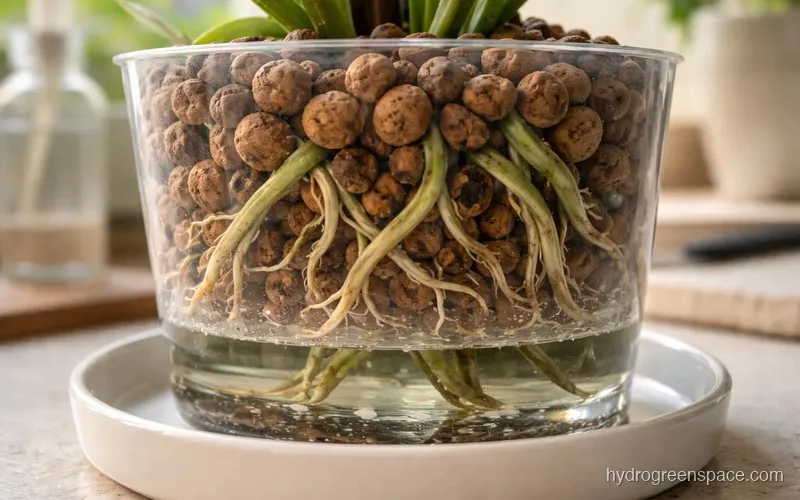 Close-up of orchid roots in a clear pot filled with clay pellets, showing the water line at the bottom of the reservoir