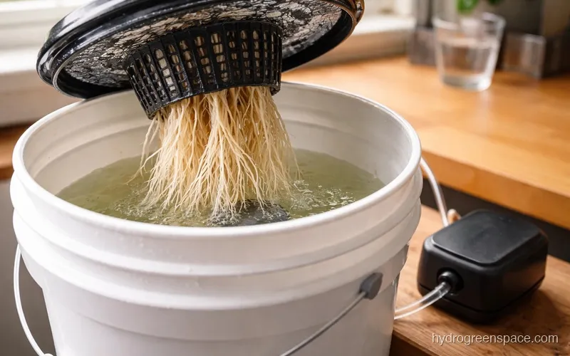 Cross-section diagram showing net pot lid, roots submerged in nutrient solution, air stone at bottom of bucket, and air pump beside bucket