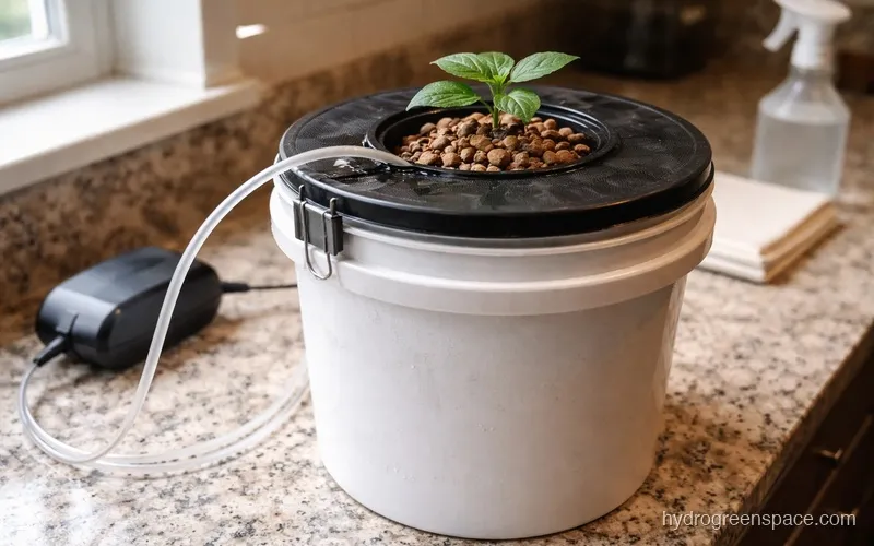 Completed single bucket DWC setup with net pot lid seated, air tubing running from pump to bucket, seedling in net pot