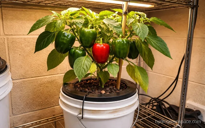 Best plants growing in a single bucket hydroponic system including a large pepper plant and a cucumber vine
