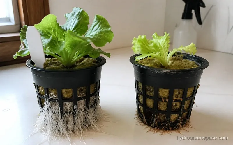 Two black net pots side by side showing healthy dense white root mass versus sparse tan-tipped roots on a white countertop
