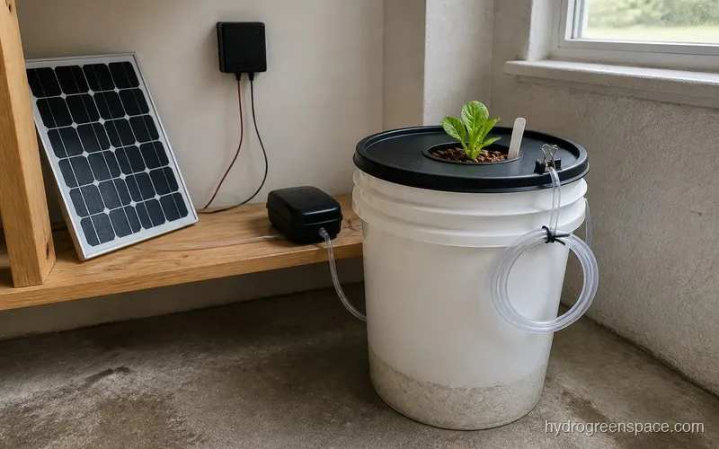 White 5-gallon DWC bucket with visible air stone and clear airline tube next to a small solar panel and mounted charge controller