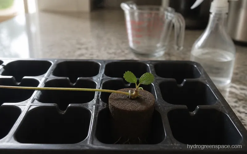Strawberry plantlet node pinned onto a Rapid Rooter plug in a propagation tray with roots beginning to emerge from the bottom