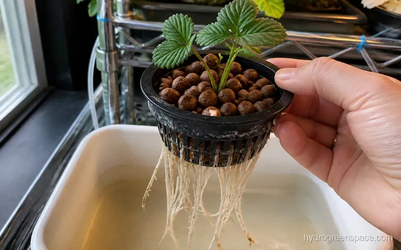 Rooted strawberry runner plantlet in a net pot filled with clay pebbles showing healthy white roots extending below