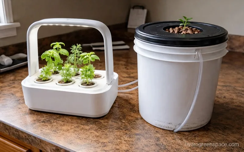 Side-by-side view of a countertop pod system and a DWC bucket kit on a kitchen counter