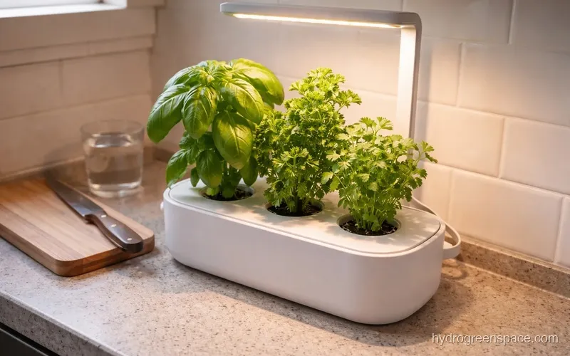 Click and Grow Smart Garden 3 on a small apartment kitchen counter with herbs growing