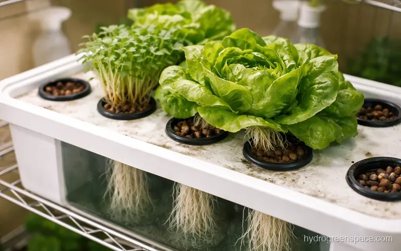 Hydroponic kit growing lettuce and herbs with visible roots in net pots
