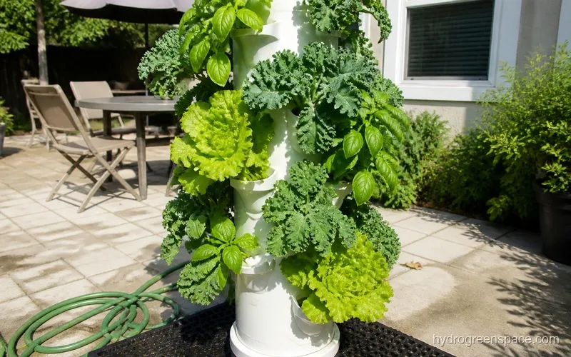 Tower Garden vertical aeroponic system with leafy greens and herbs growing outdoors on a sunny patio