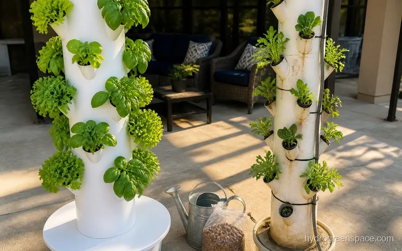 Tower Garden FLEX and a DIY PVC pipe vertical tower side by side on a patio both growing leafy greens