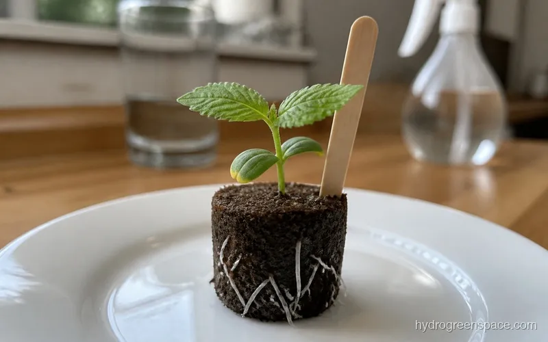 Seedling with two true leaves and visible white roots emerging from a Rapid Rooter plug
