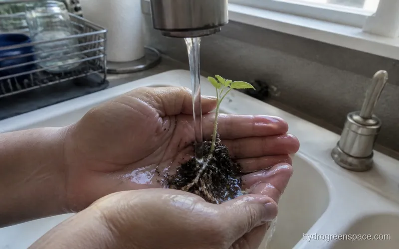 Hands rinsing soil off plant roots under running water before transplanting to a hydroponic system