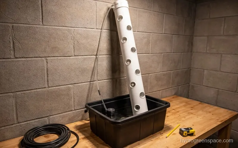Cross-section view of a vertical PVC hydroponic tower showing the submersible pump, central feed line, net cup holes, and drain-back to the reservoir