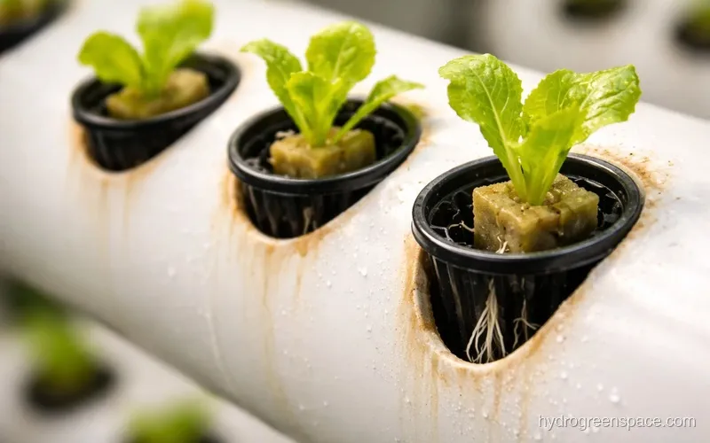 Close-up of net cups with lettuce seedlings rooted into a vertical PVC tower, showing healthy white roots visible below the cups