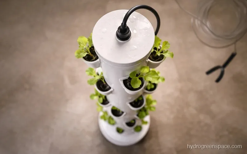Overhead view of a vertical PVC tower showing a drip emitter at the top center and net cups arranged in a spiral pattern around the pipe
