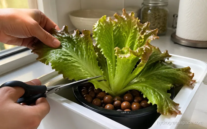 Hands cutting outer lettuce leaves with scissors above the growing medium, with the inner crown left intact