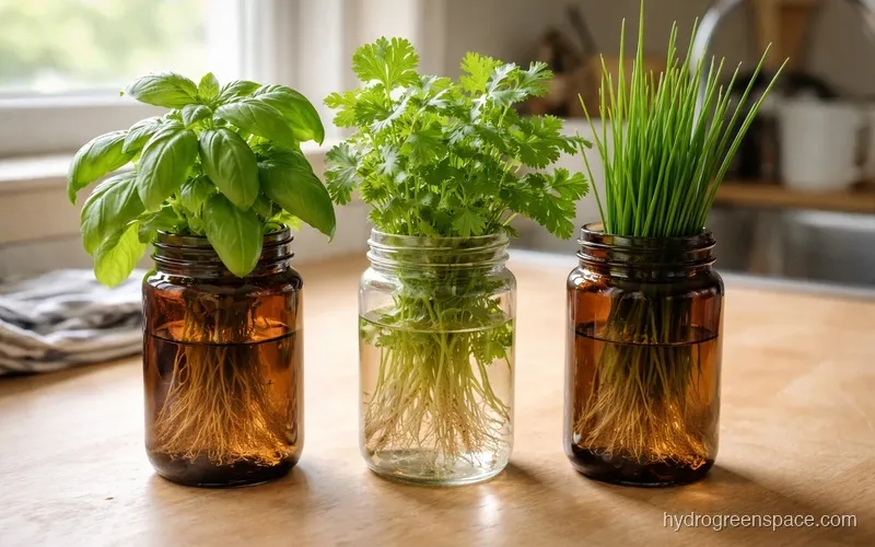 A home kitchen countertop with a small Kratky jar setup growing herbs next to a window