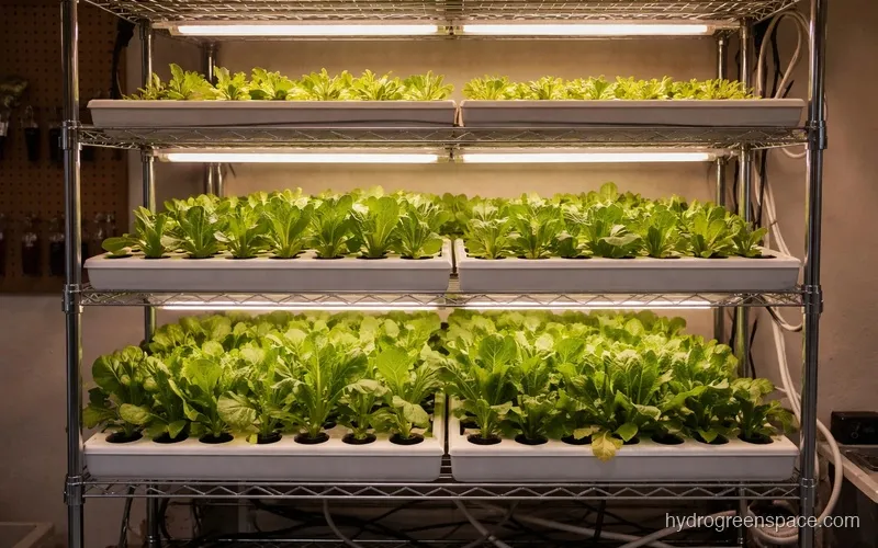A vertical farm rack system with multiple growing layers of lettuce under LED lighting