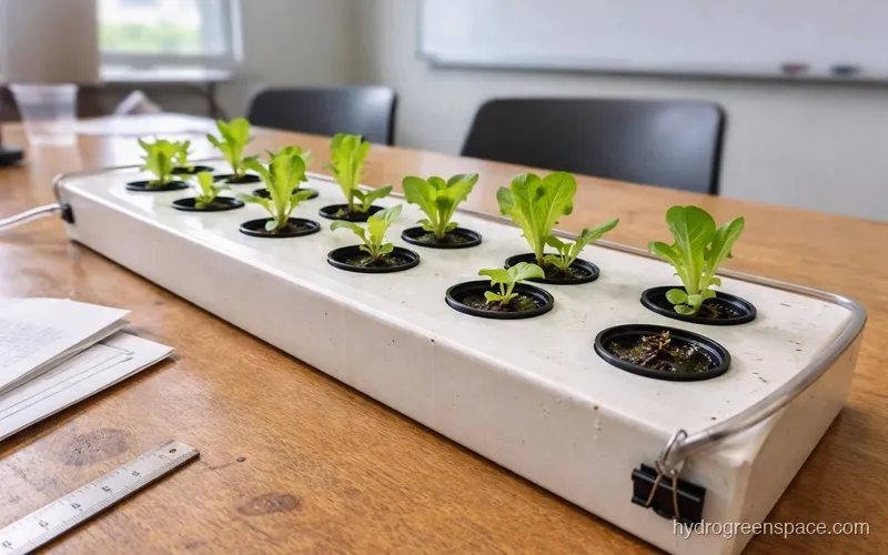 A classroom or school hydroponic setup with young plants growing in a simple system on a table