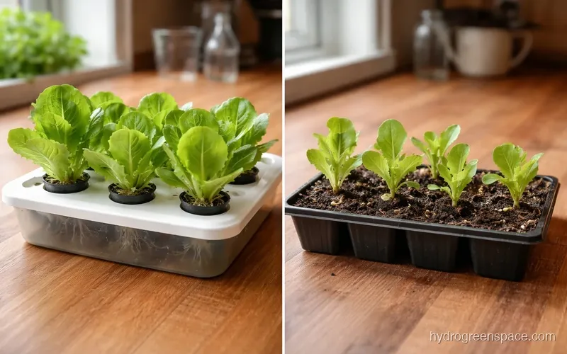 Side-by-side view of a hydroponic lettuce system and a soil tray at the same growth stage
