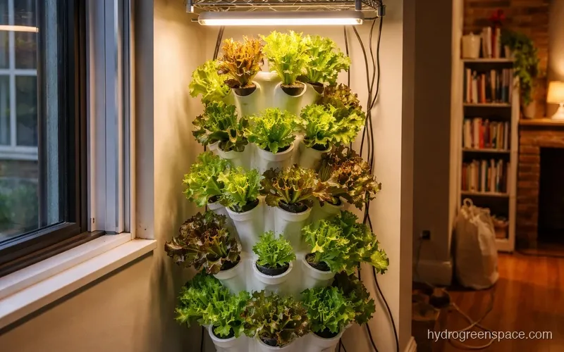 Compact vertical hydroponic rack growing lettuce in an urban indoor space