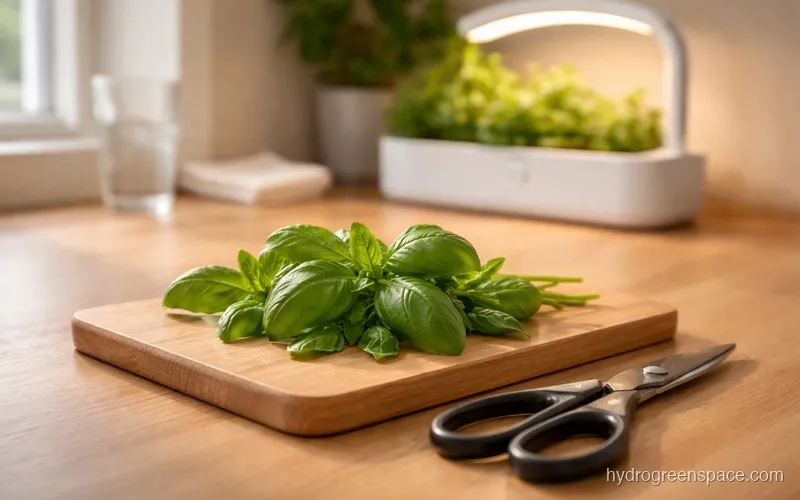 A home grower harvesting fresh herbs from a small countertop hydroponic unit