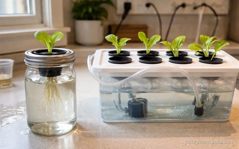 A basic Kratky jar setup with lettuce seedlings next to a detailed multi-site hydroponic system with reservoir and pumps