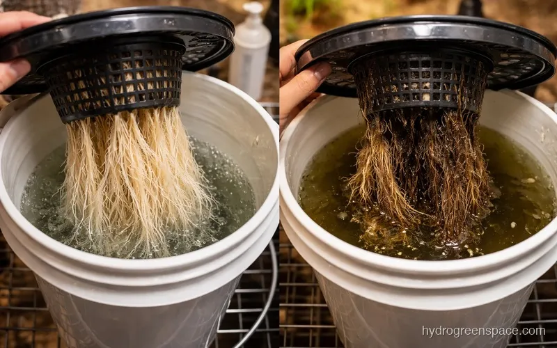 Side-by-side of healthy white hydroponic roots in a DWC bucket versus brown slimy roots affected by root rot