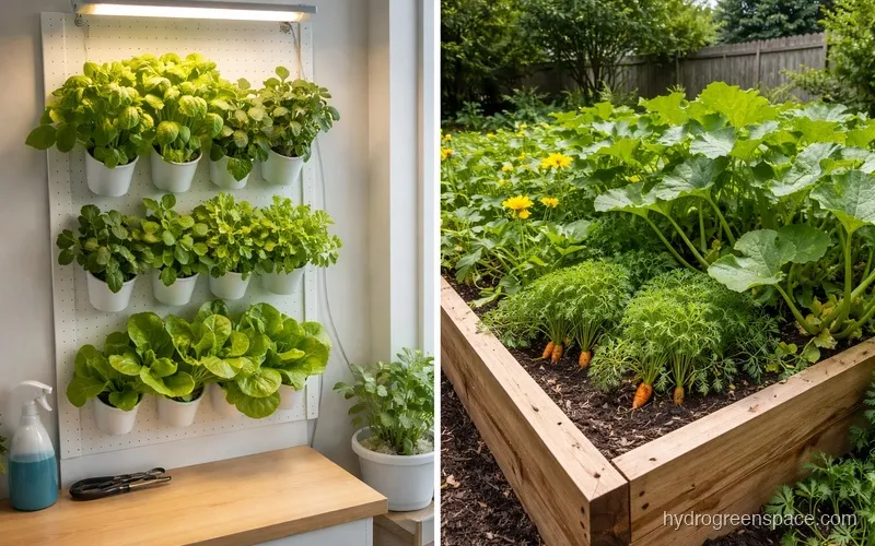 A thriving hydroponic herb wall with basil, mint, and lettuce next to a traditional raised bed with root vegetables and sprawling squash