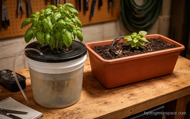 Side-by-side view of a recirculating hydroponic reservoir and a drip-irrigated soil garden bed
