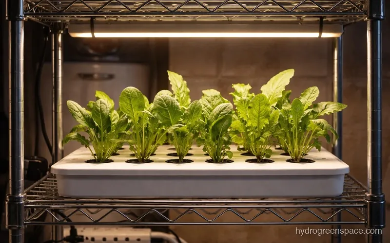Energy-efficient LED grow lights positioned above a leafy green hydroponic setup