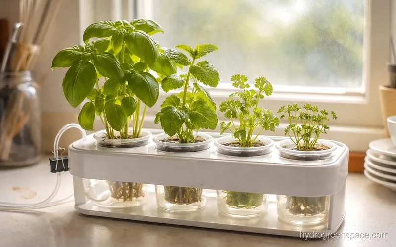 Compact home hydroponic system with herbs growing near a kitchen window