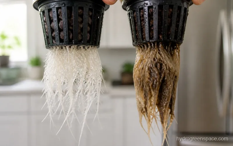 Close-up of healthy white roots next to a net pot with brown slimy roots showing early rot