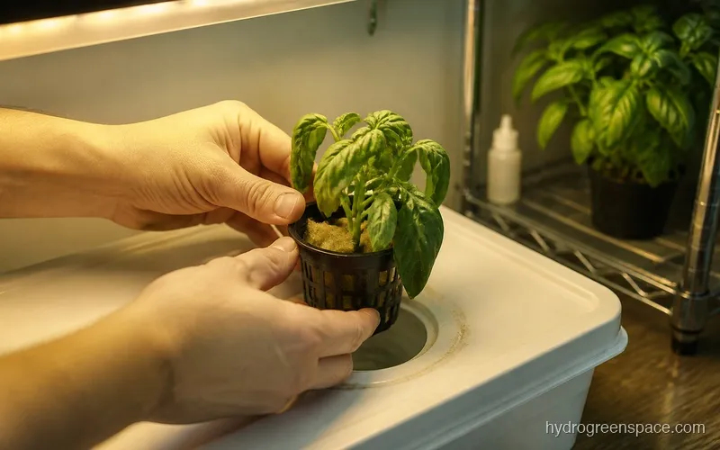 Seedling with wilted leaves in a net pot being lowered into a DWC reservoir lid